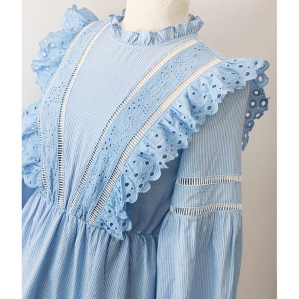 Blue Cotton Eyelet Embroidery Ruffle  Dress.  NWT. 100 % cotton